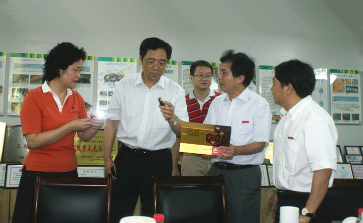 陈荣凯副省长（左二）观看神蜂公司自主研发的抗癌新成果——宝元灵